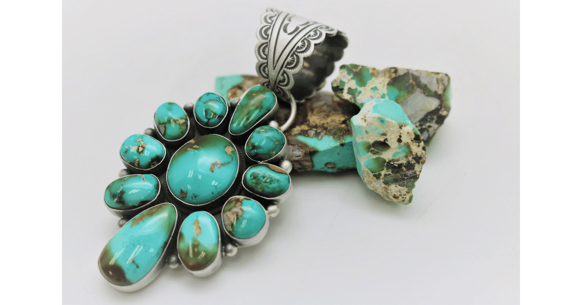 Royston Turquoise rough and after it is cut and set as finished jewelry.